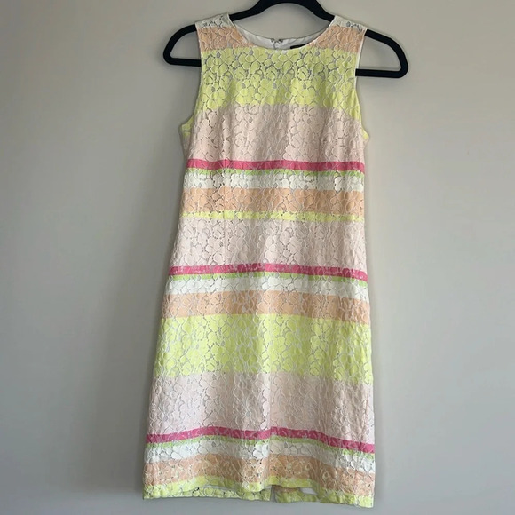 Ann Taylor Sleeveless Pastel Striped Sheath Dress Eyelet Overlay Size 4P - Picture 3 of 8